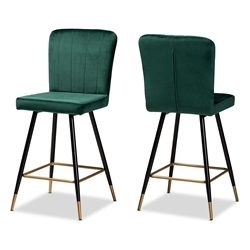 Baxton Studio Preston Modern Luxe and Glam Green Velvet Fabric Upholstered and Two-Tone Black and Gold Finished Metal 2-Piece Bar Stool Set